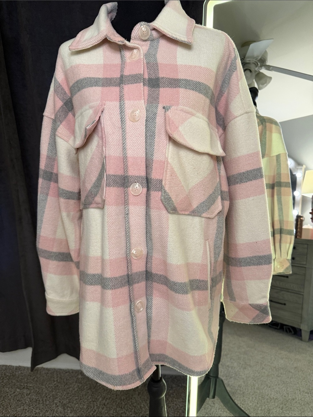 Plaid Button-Front Trench Shacket in Pink & Cream
